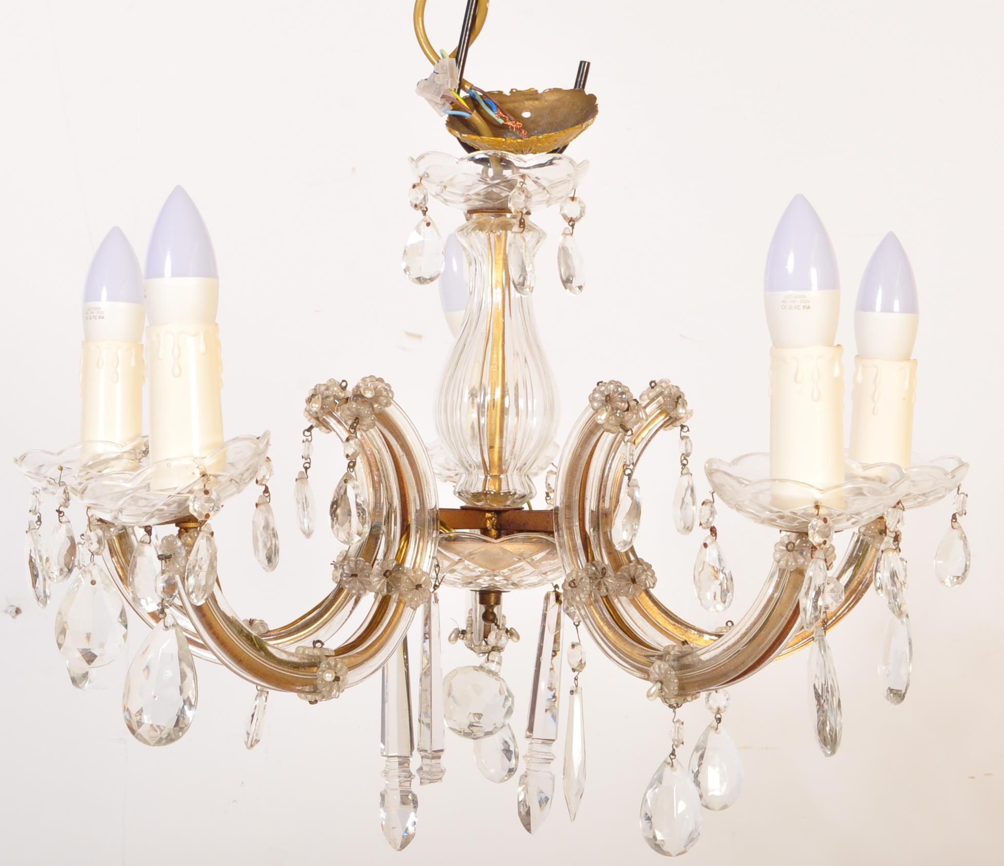 20TH CENTURY CUT GLASS & GILT METAL 5 ARMS CHANDELIER