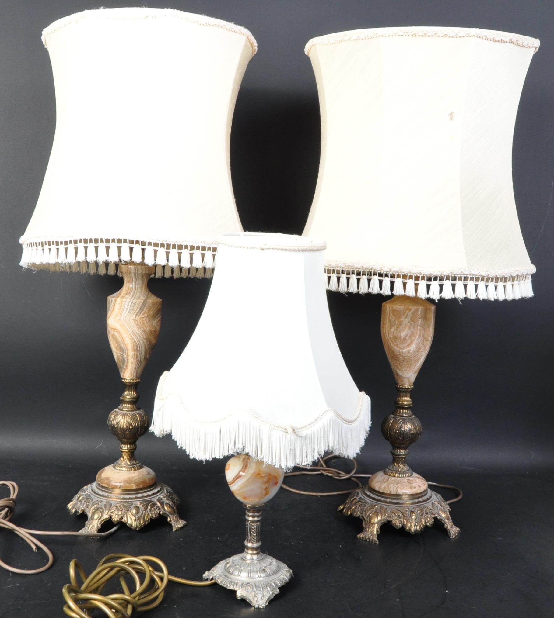 SET OF THREE VINTAGE MARBLE & BRASS TABLE LAMPS WITH SHADES
