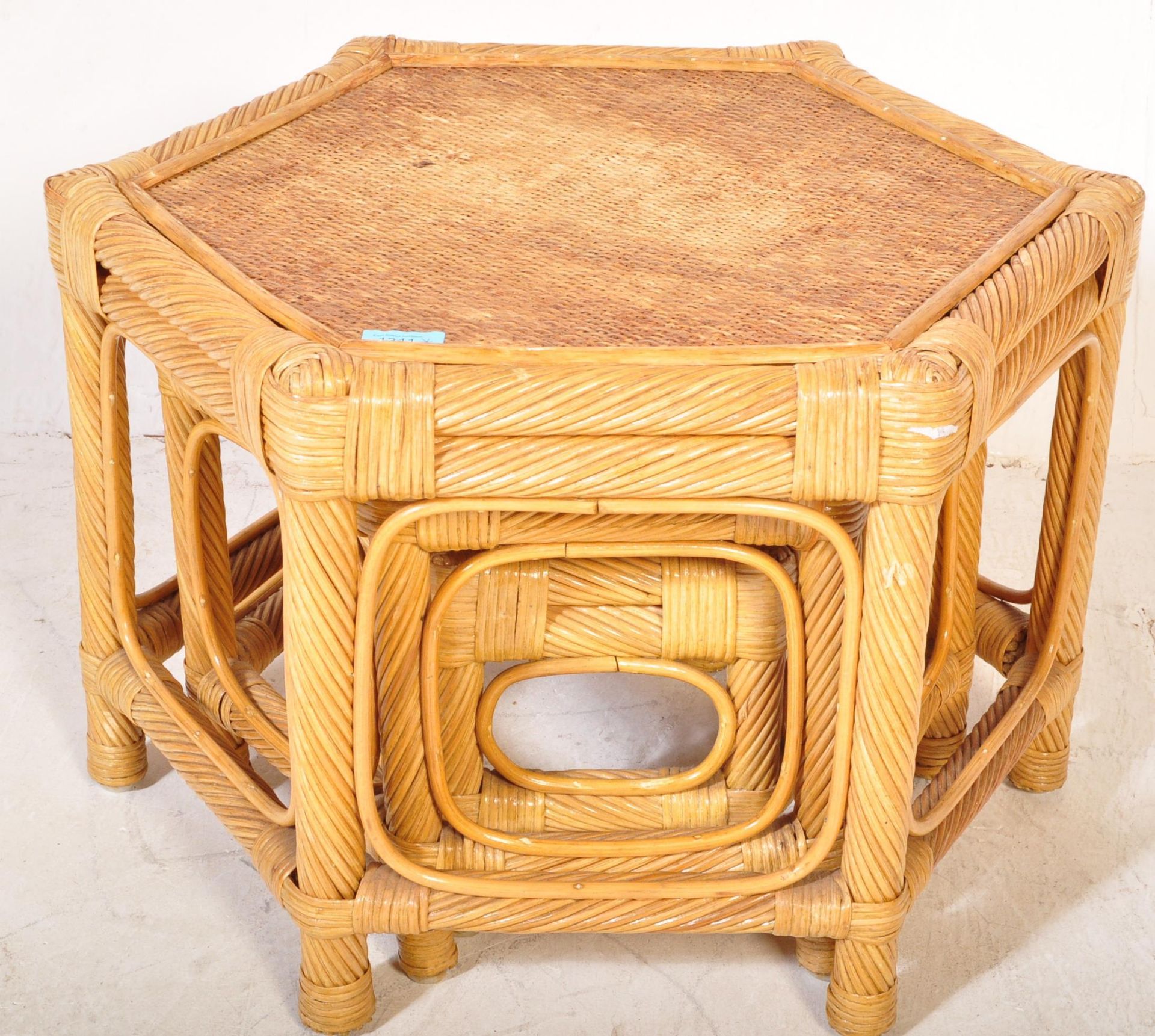 RETRO VINTAGE WICKER BAMBOO HEXAGONAL NEST OF THREE GRADUATING TABLES - Image 2 of 4