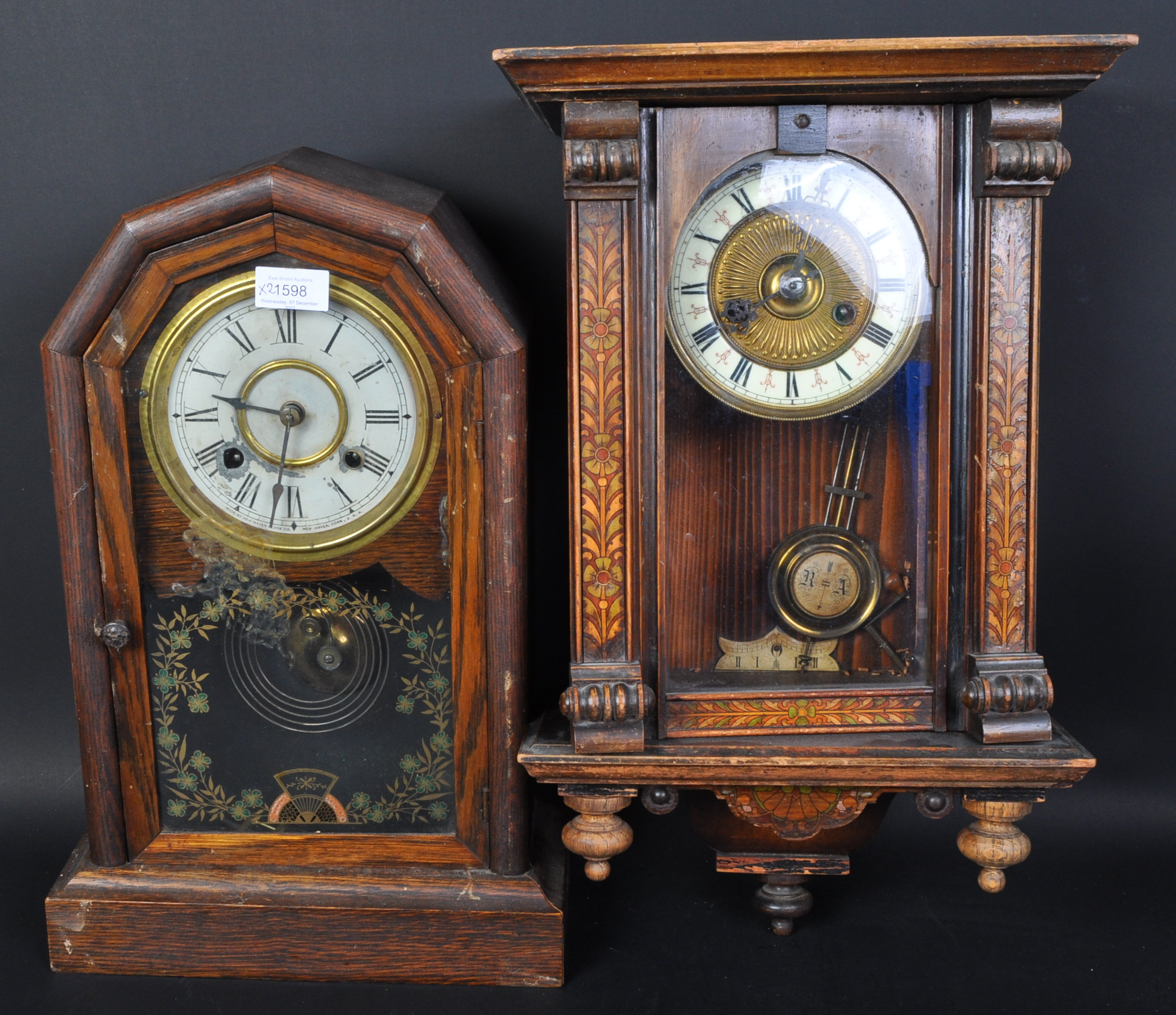 EARLY MARQUETRY WALL HANGING CLOCK & ANOTHER