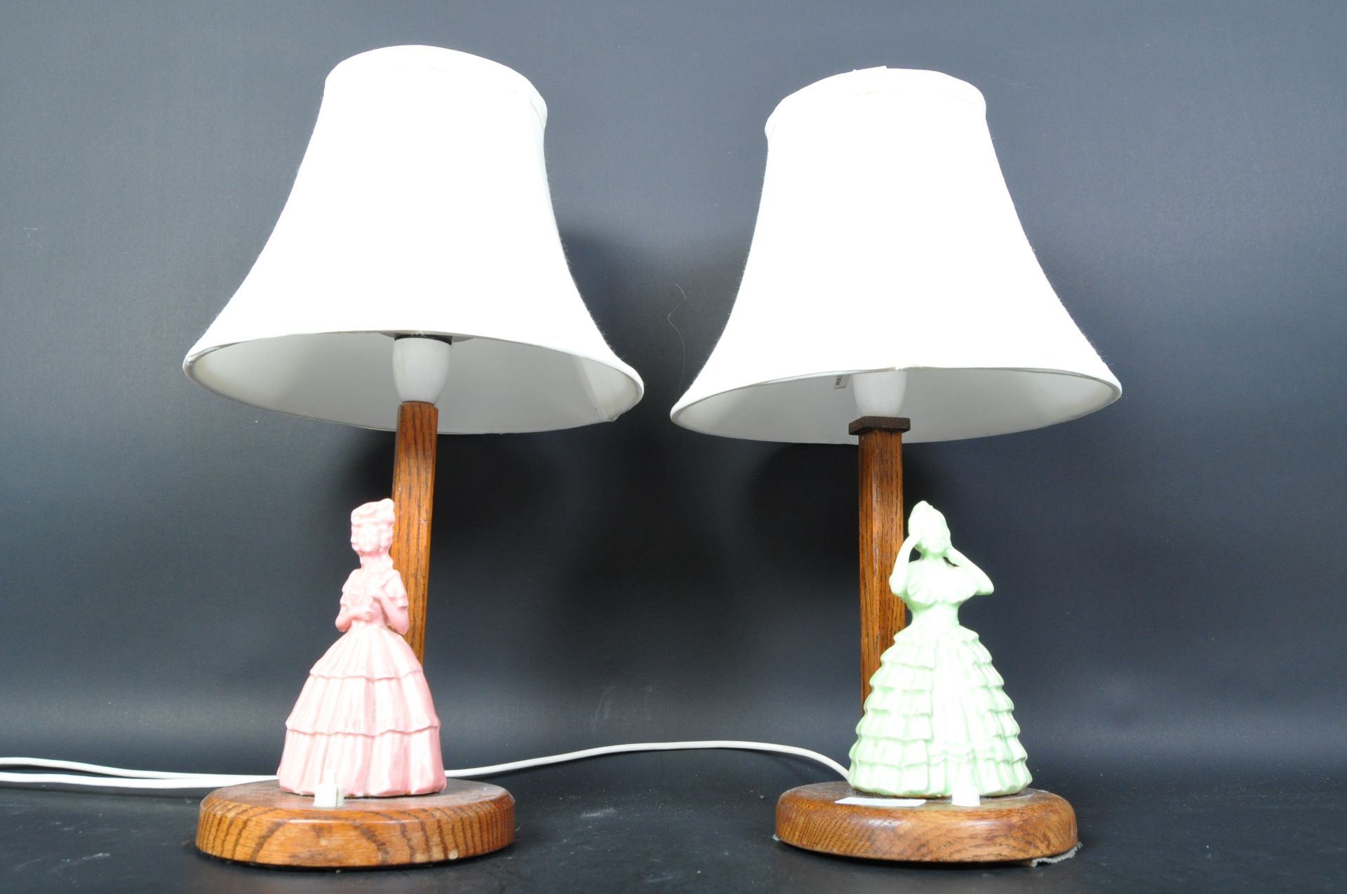 PAIR OF 1930'S ART DECO OAK & CRINOLINE LADY TABLE LAMPS - Image 2 of 5