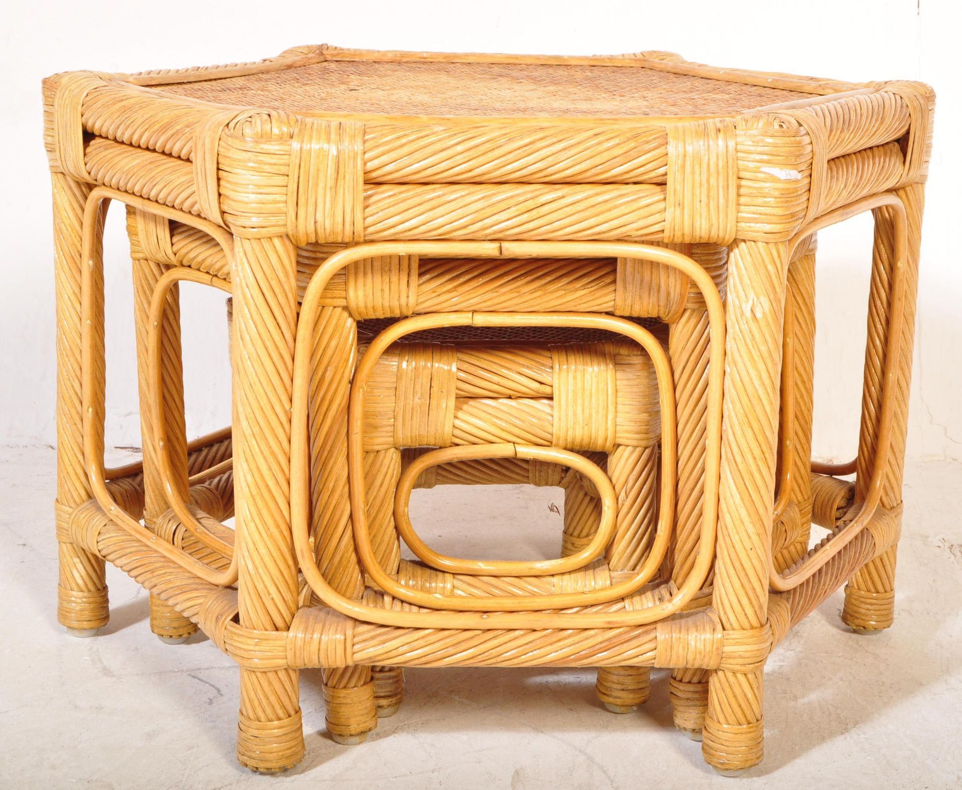 RETRO VINTAGE WICKER BAMBOO HEXAGONAL NEST OF THREE GRADUATING TABLES