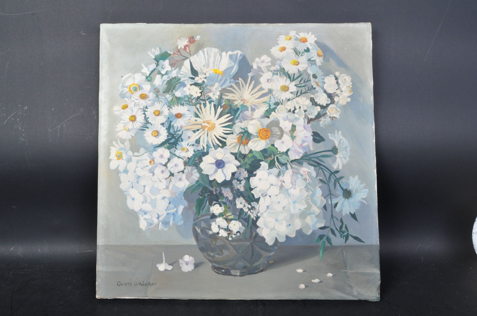 GWEN WICKER - 20TH C. 'WHITE FLOWERS' OIL ON CANVAS PAINTING