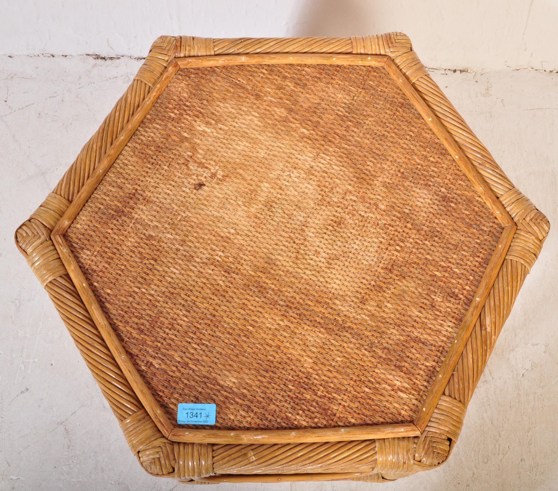 RETRO VINTAGE WICKER BAMBOO HEXAGONAL NEST OF THREE GRADUATING TABLES - Image 3 of 4