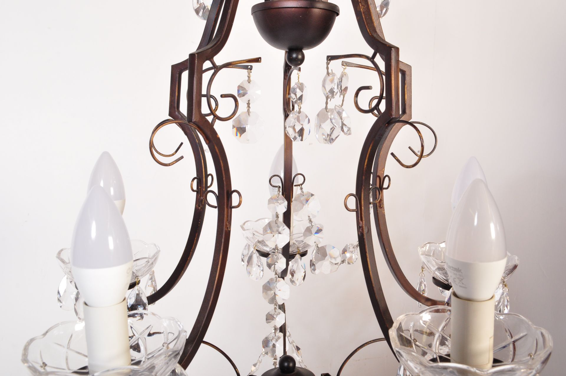 20TH CENTURY CUT GLASS & WROUGHT METAL 5 ARM CHANDELIER - Image 5 of 5