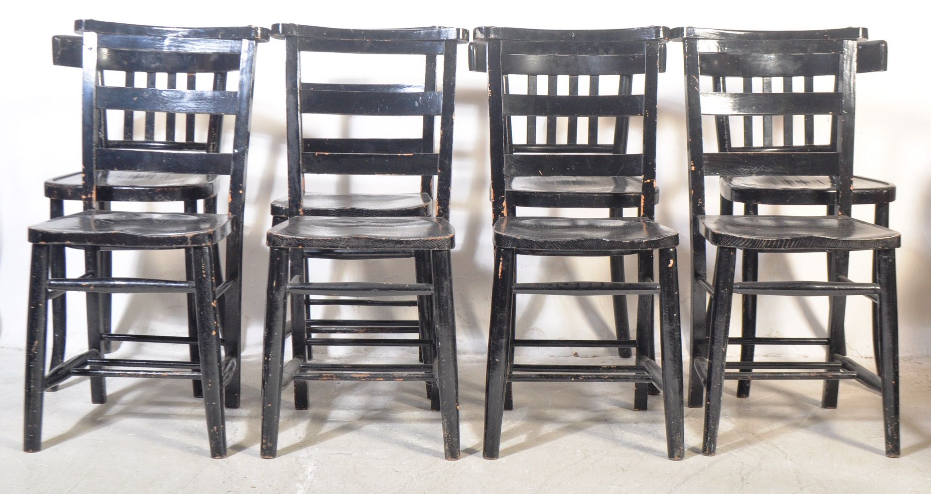 EIGHT VINTAGE EBONISED BLACK DINING CHAIRS