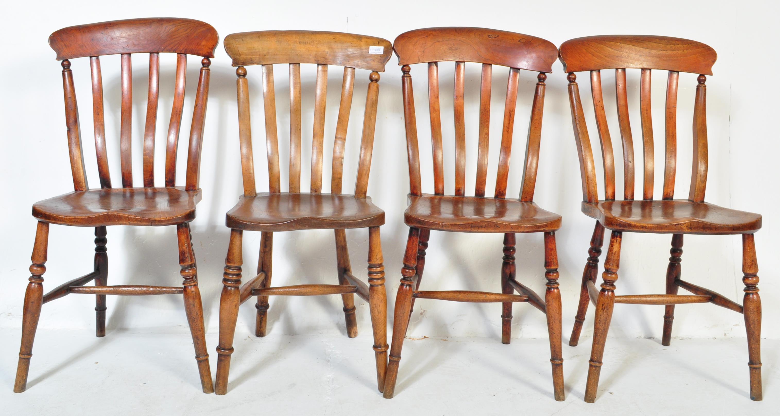 SET OF 4 19TH CENTURY BEECH & ELM WINDSOR DINING CHAIRS