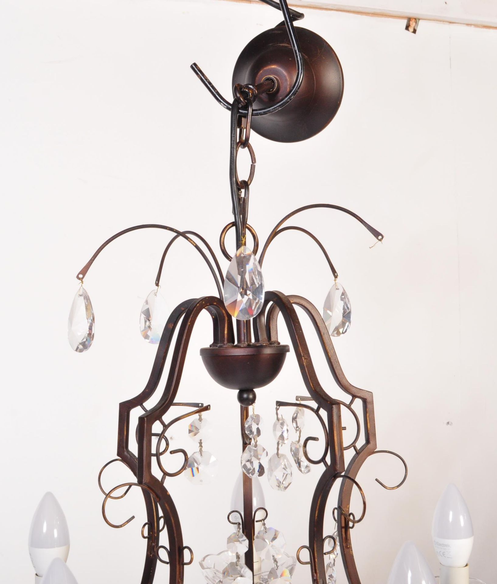 20TH CENTURY CUT GLASS & WROUGHT METAL 5 ARM CHANDELIER - Image 4 of 5