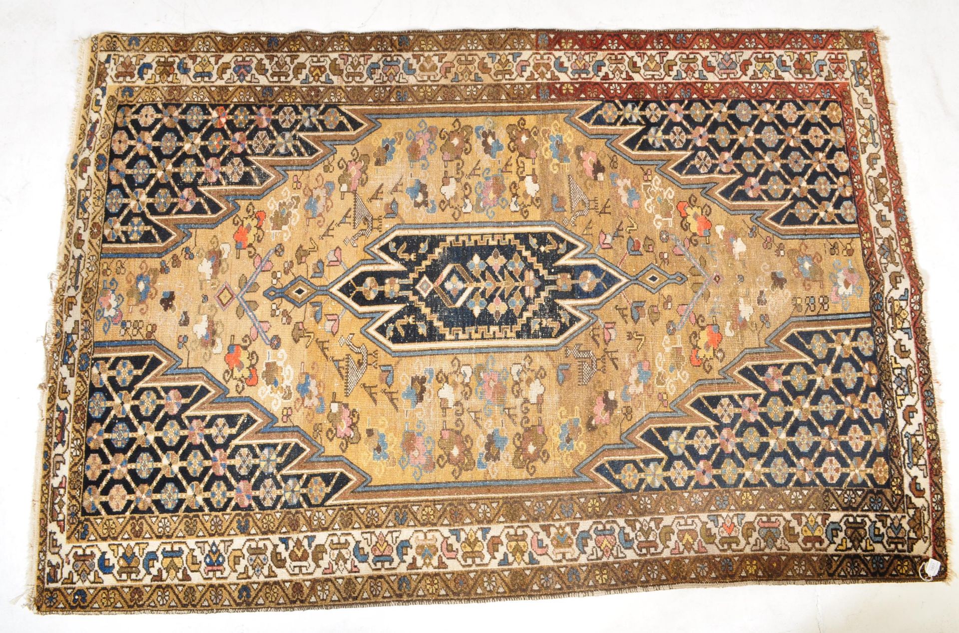 A late 19th century Persian Islamic Mazlagan / Maleyer floor carpet rug in green earthy tones with a