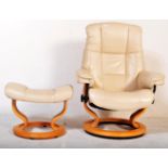 20TH CENTURY CREAM LEATHER RECLINING ARMCHAIR & FOOTSTOOL