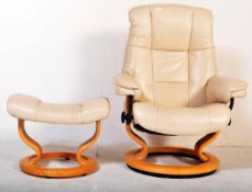 20TH CENTURY CREAM LEATHER RECLINING ARMCHAIR & FOOTSTOOL