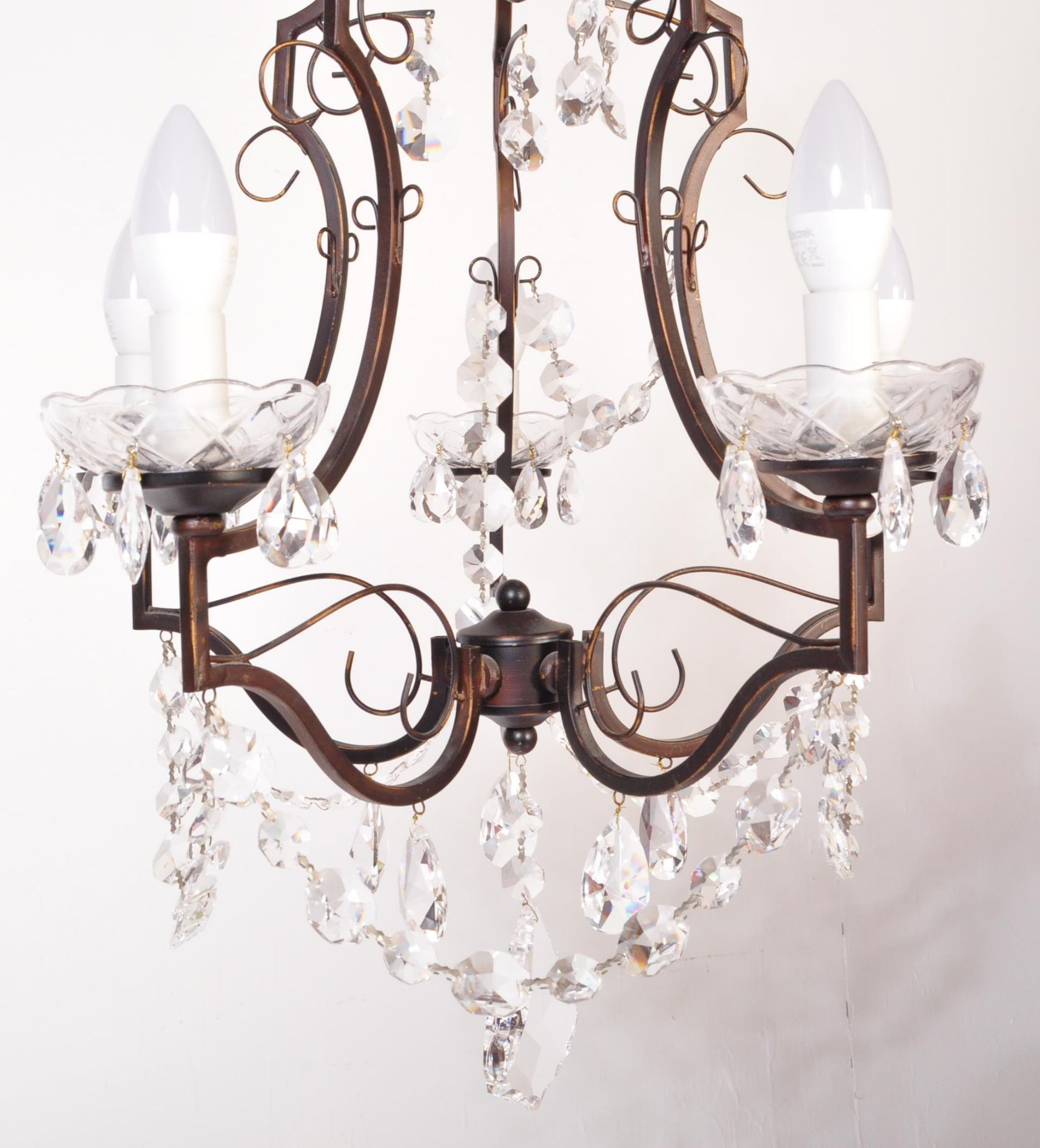 20TH CENTURY CUT GLASS & WROUGHT METAL 5 ARM CHANDELIER - Image 3 of 5