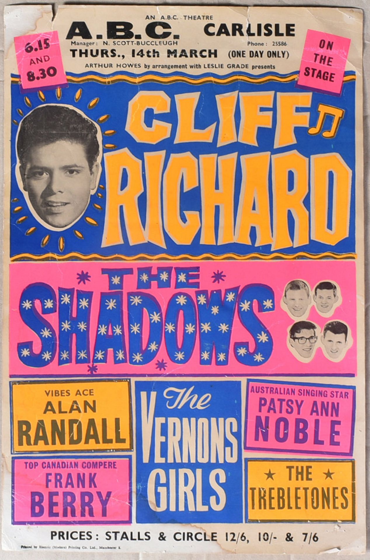 CLIFF RICHARD & THE SHADOWS - ORIGINAL 1960S SHOWCARD
