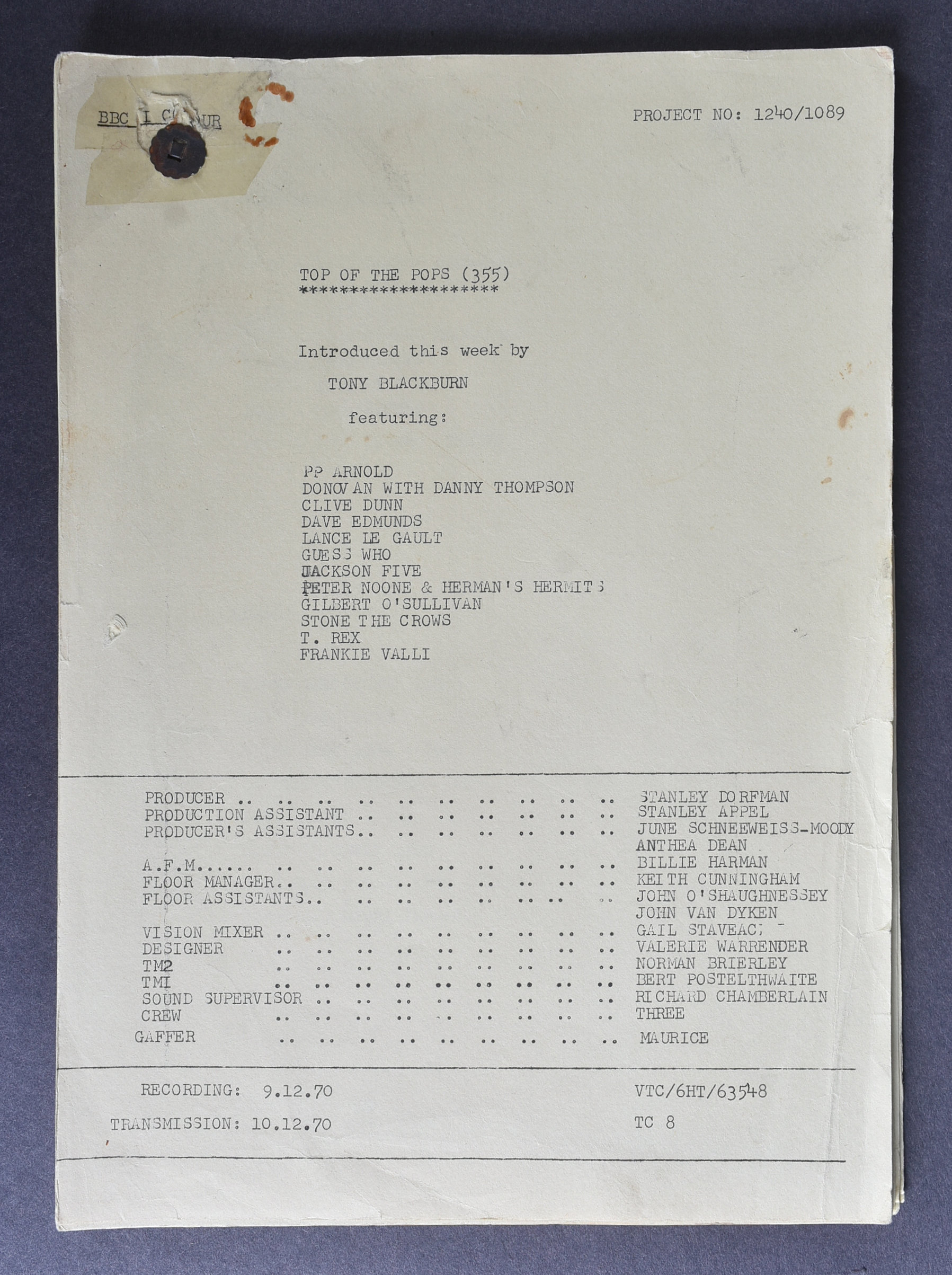 TOP OF THE POPS - ORIGINAL 1970 CAMERA SCRIPT - T-REX, JACKSON FIVE - Image 4 of 7