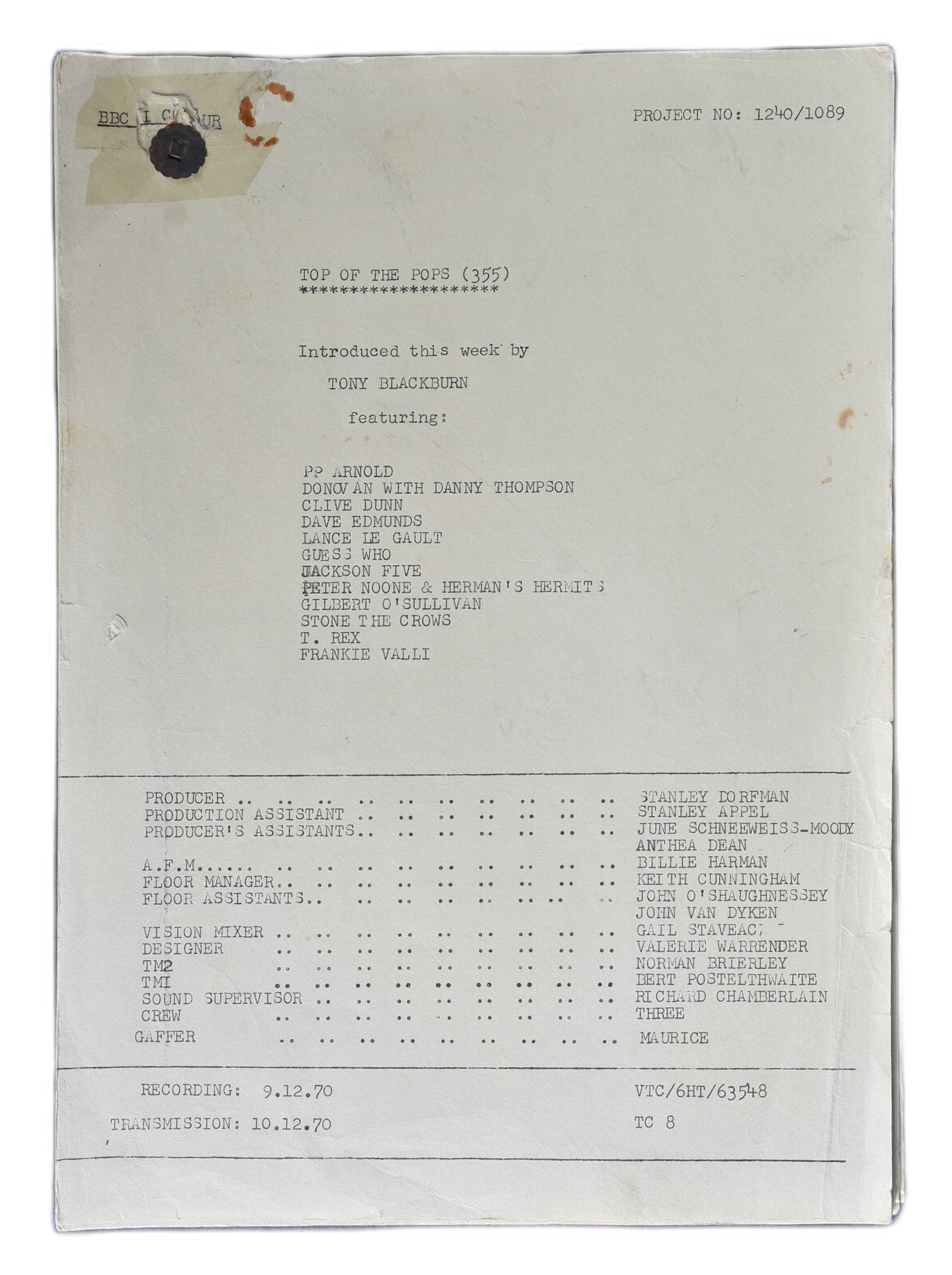 TOP OF THE POPS - ORIGINAL 1970 CAMERA SCRIPT - T-REX, JACKSON FIVE