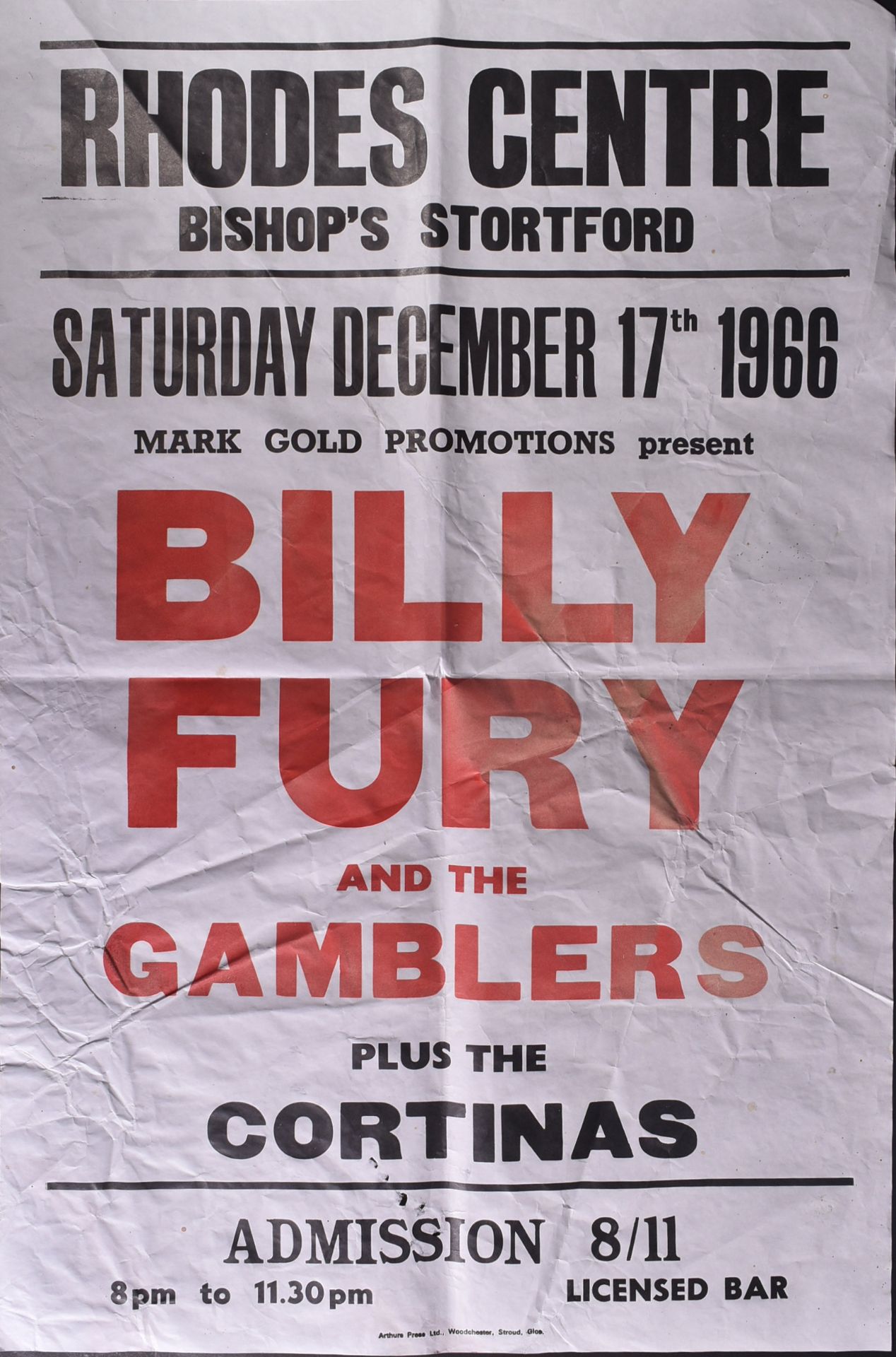 MUSIC POSTER - BILLY FURY & THE GAMBLERS - 1966