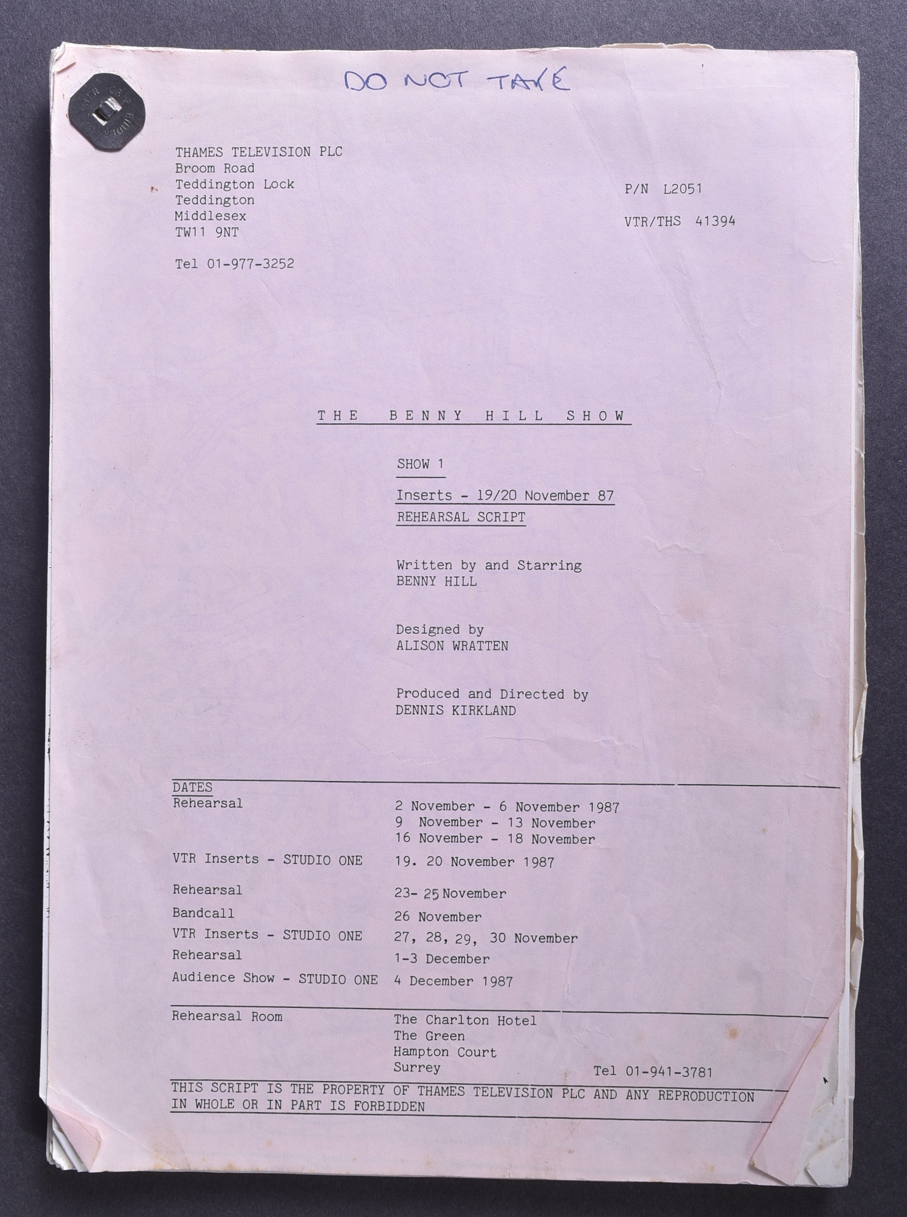 THE BENNY HILL SHOW - THAMES TELEVISION - ORIGINAL SCRIPT