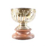 EDWARDIAN HALLMARKED SILVER PUNCH BOWL WITH TURNED WOODEN BASE