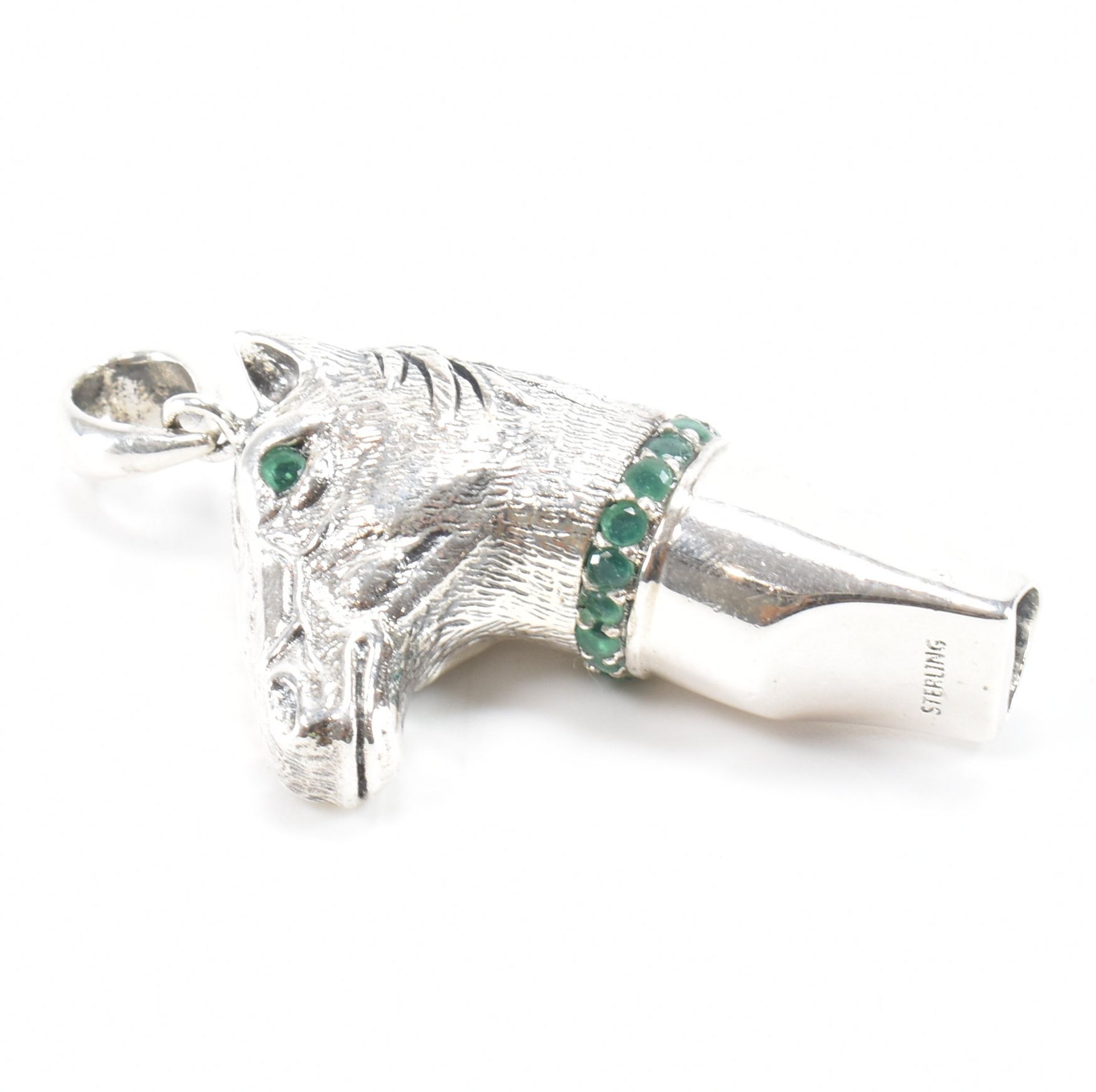 STERLING SILVER HORSES HEAD WHISTLE WITH GREEN STONE DETAILING