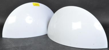 A PAIR OF WHITE METAL HALF DOMED WALL LIGHTS