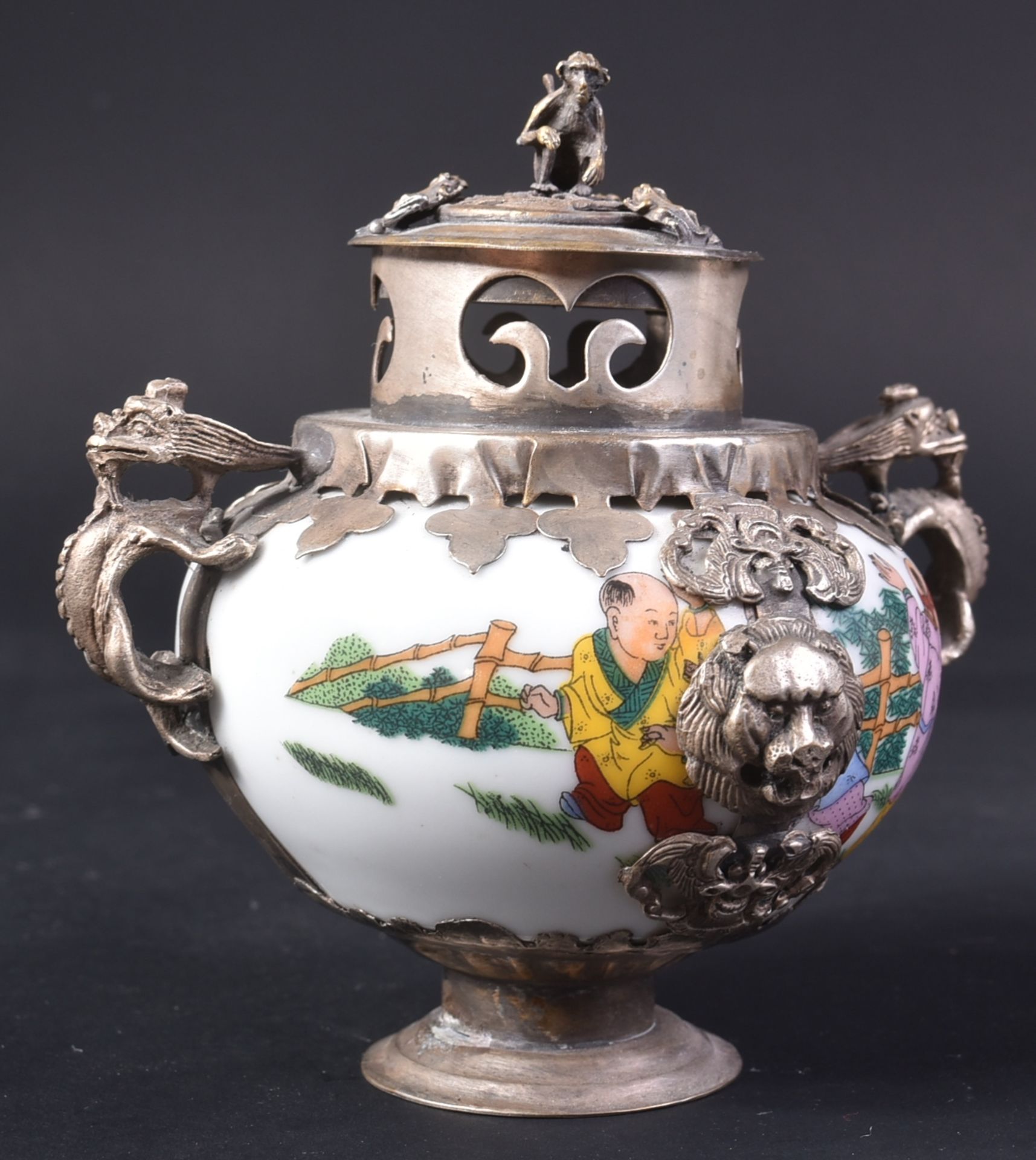 20TH CENTURY CHINESE WHITE METAL MOUNTED INCENSE BURNER