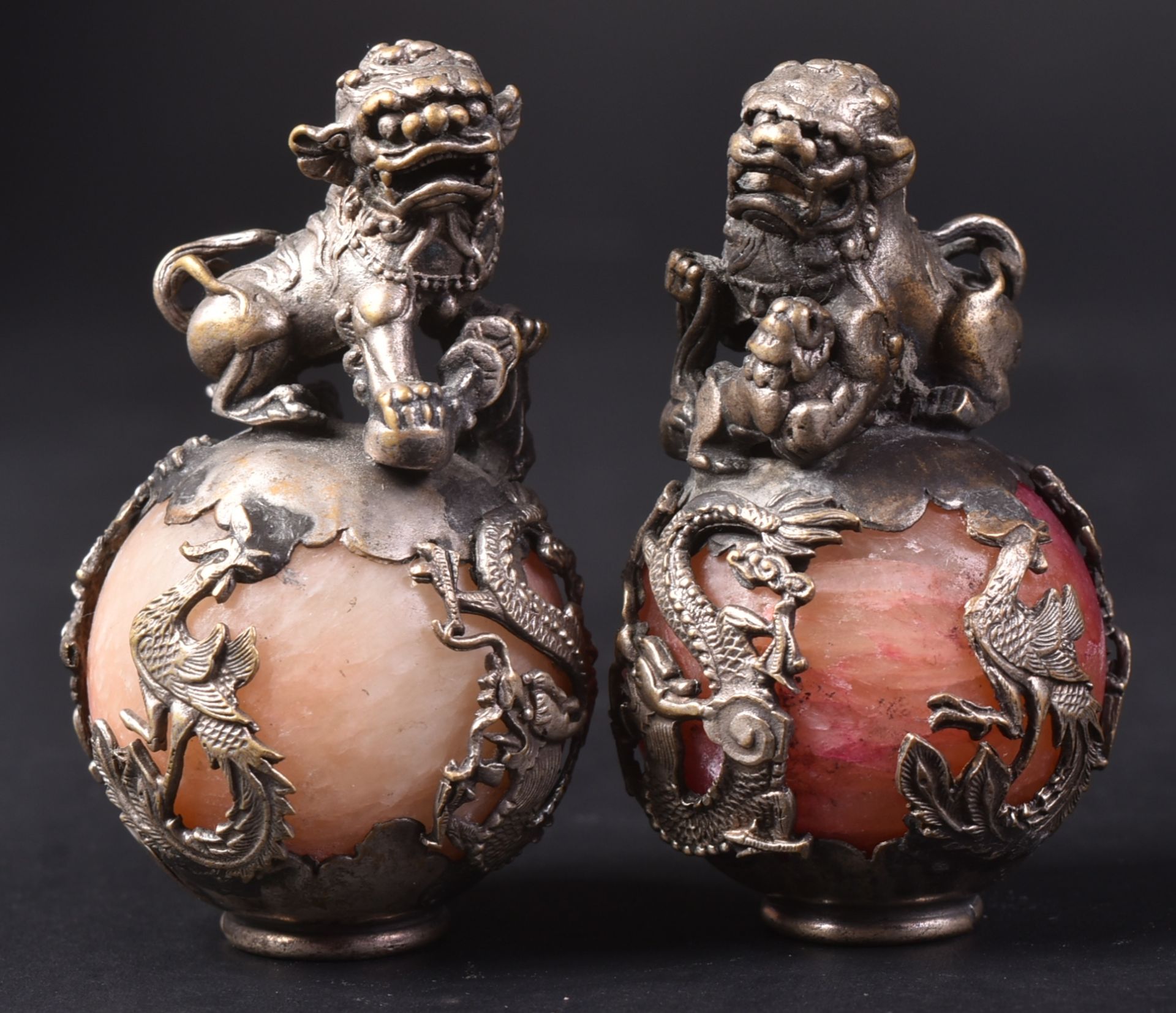 PAIR OF CHINESE WHITE METAL & MARBLE FOO DOGS