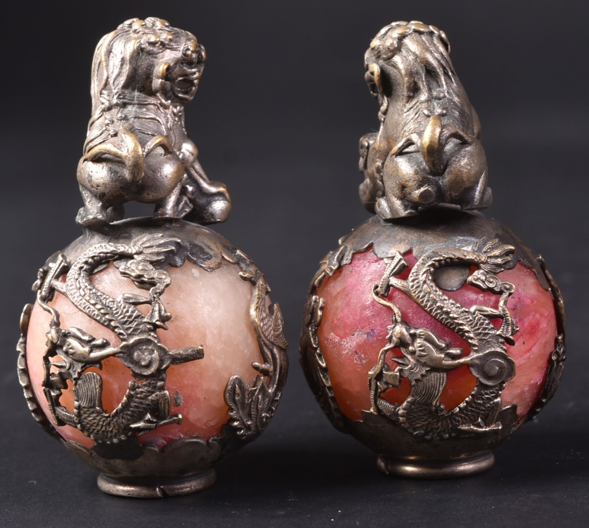 PAIR OF CHINESE WHITE METAL & MARBLE FOO DOGS - Image 4 of 7