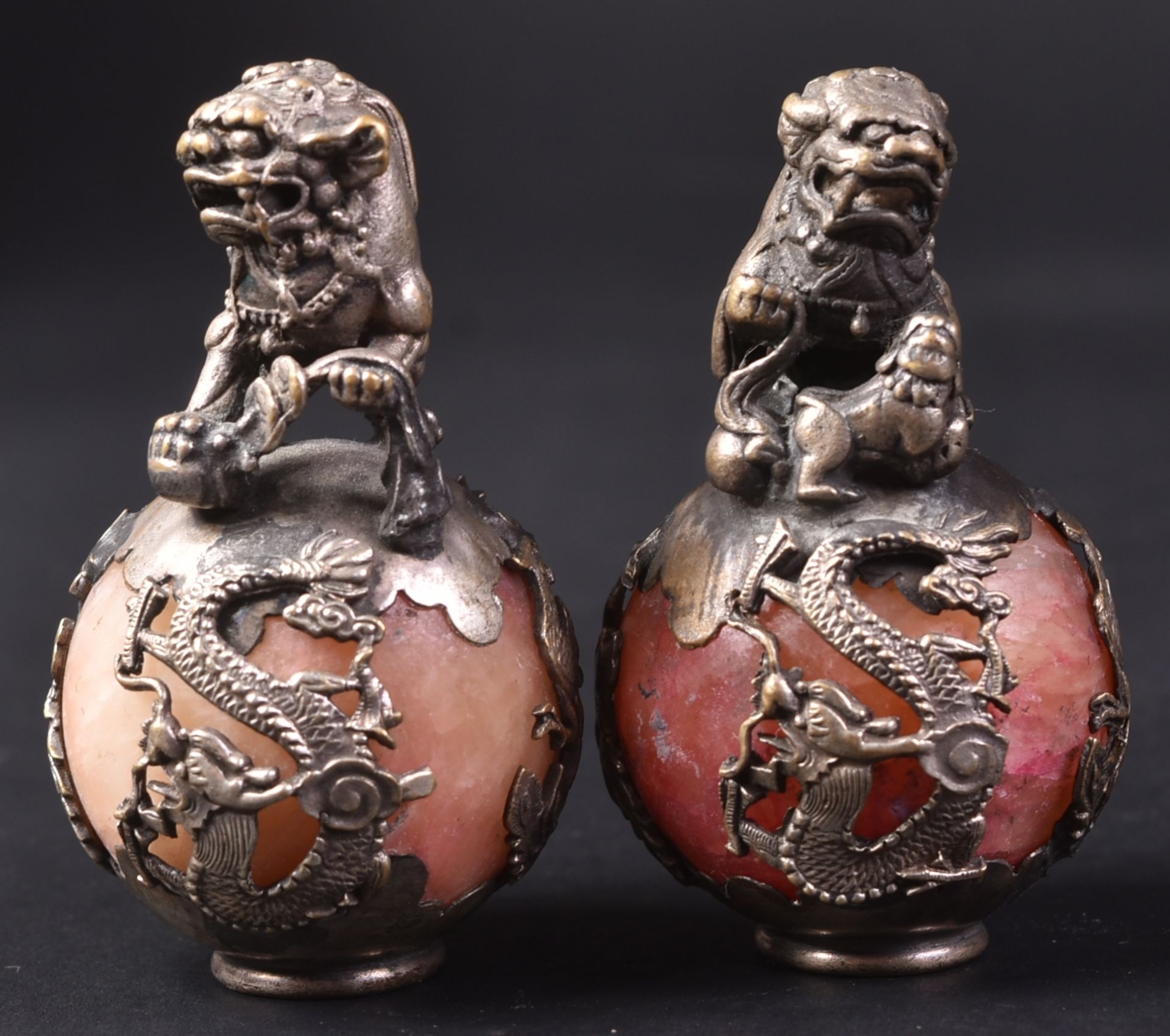 PAIR OF CHINESE WHITE METAL & MARBLE FOO DOGS - Image 2 of 7