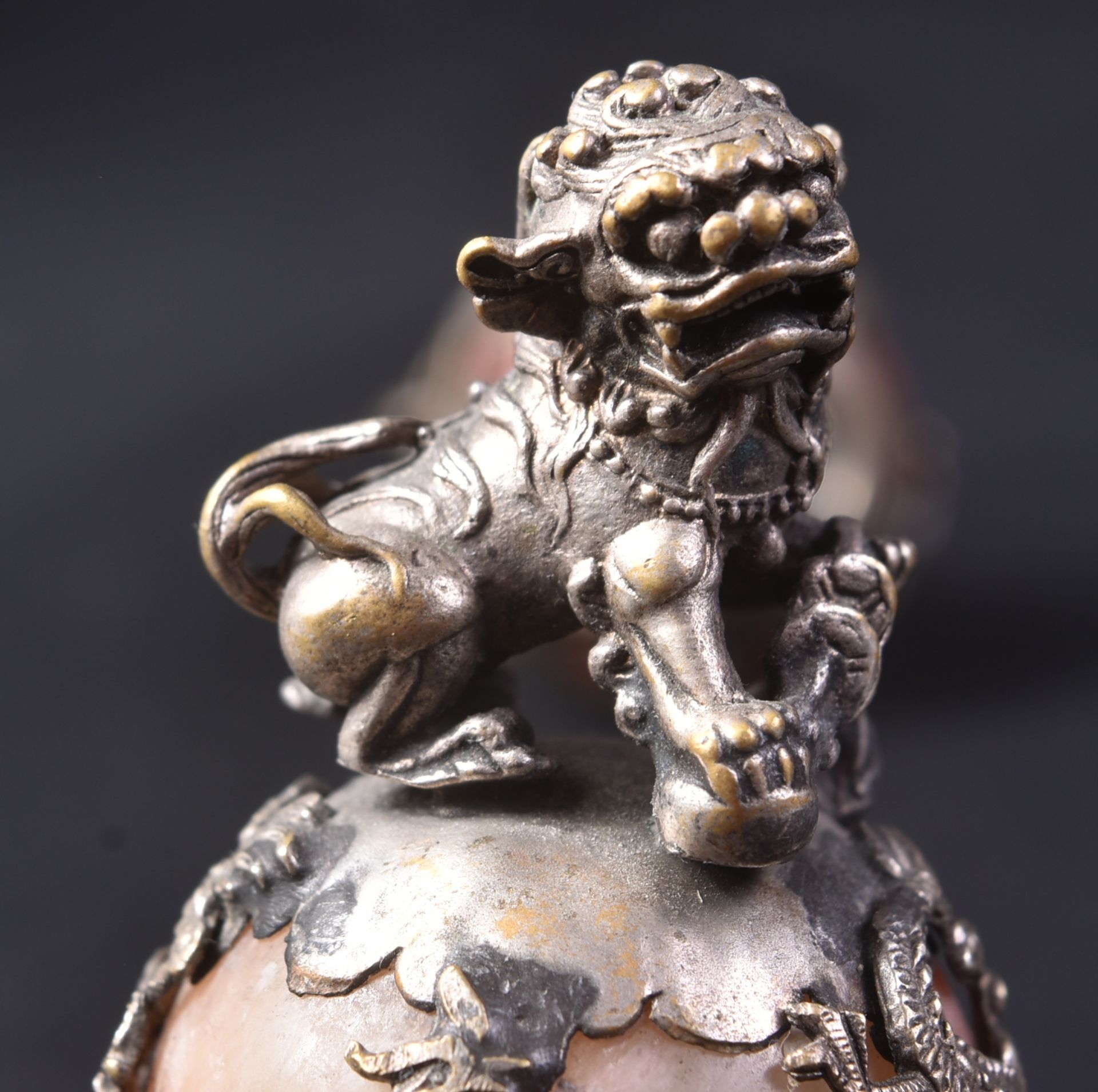 PAIR OF CHINESE WHITE METAL & MARBLE FOO DOGS - Image 7 of 7
