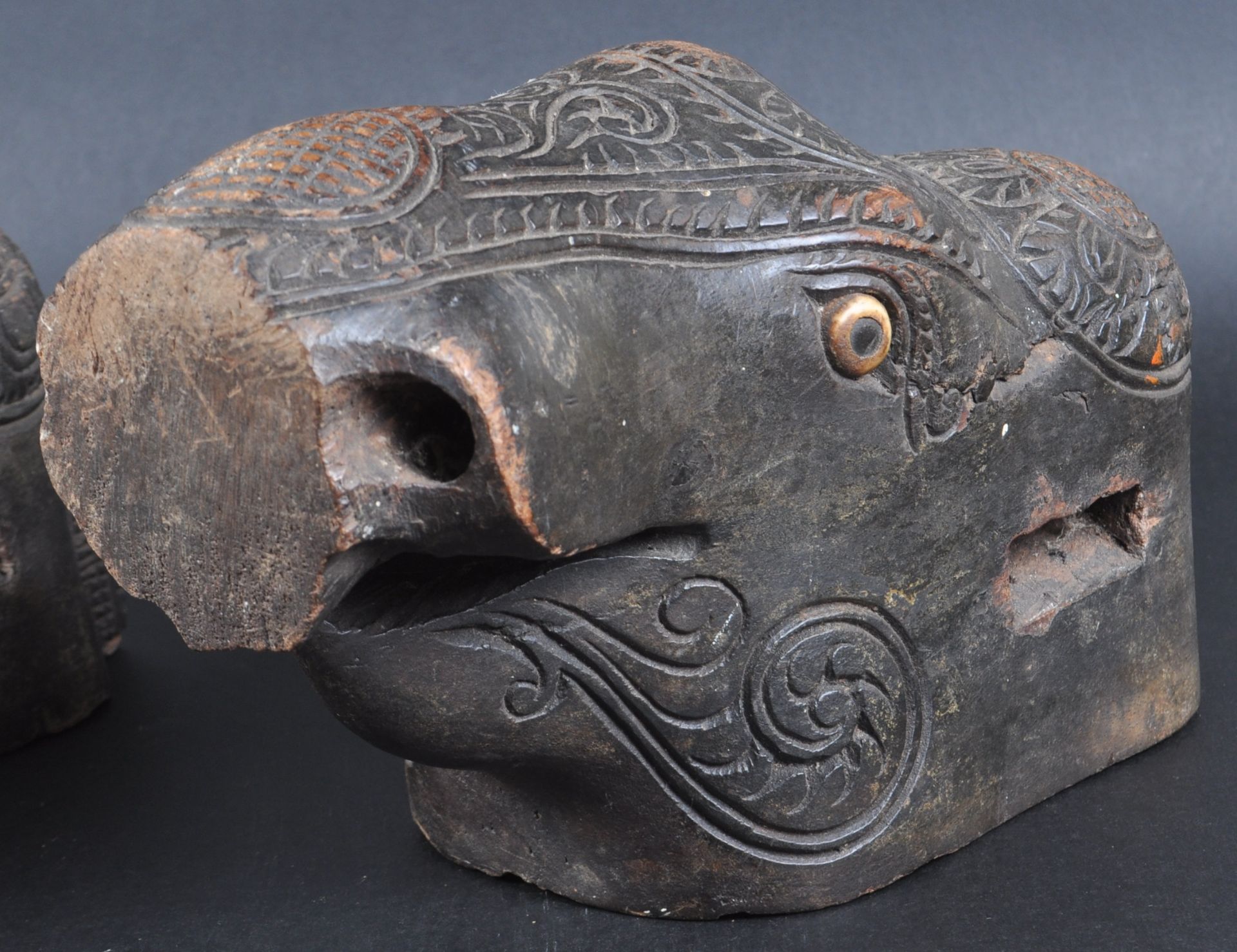 PAIR OF EARLY 20TH CENTURY CARVED INDIAN ELEPHANT HEADS - Image 2 of 7