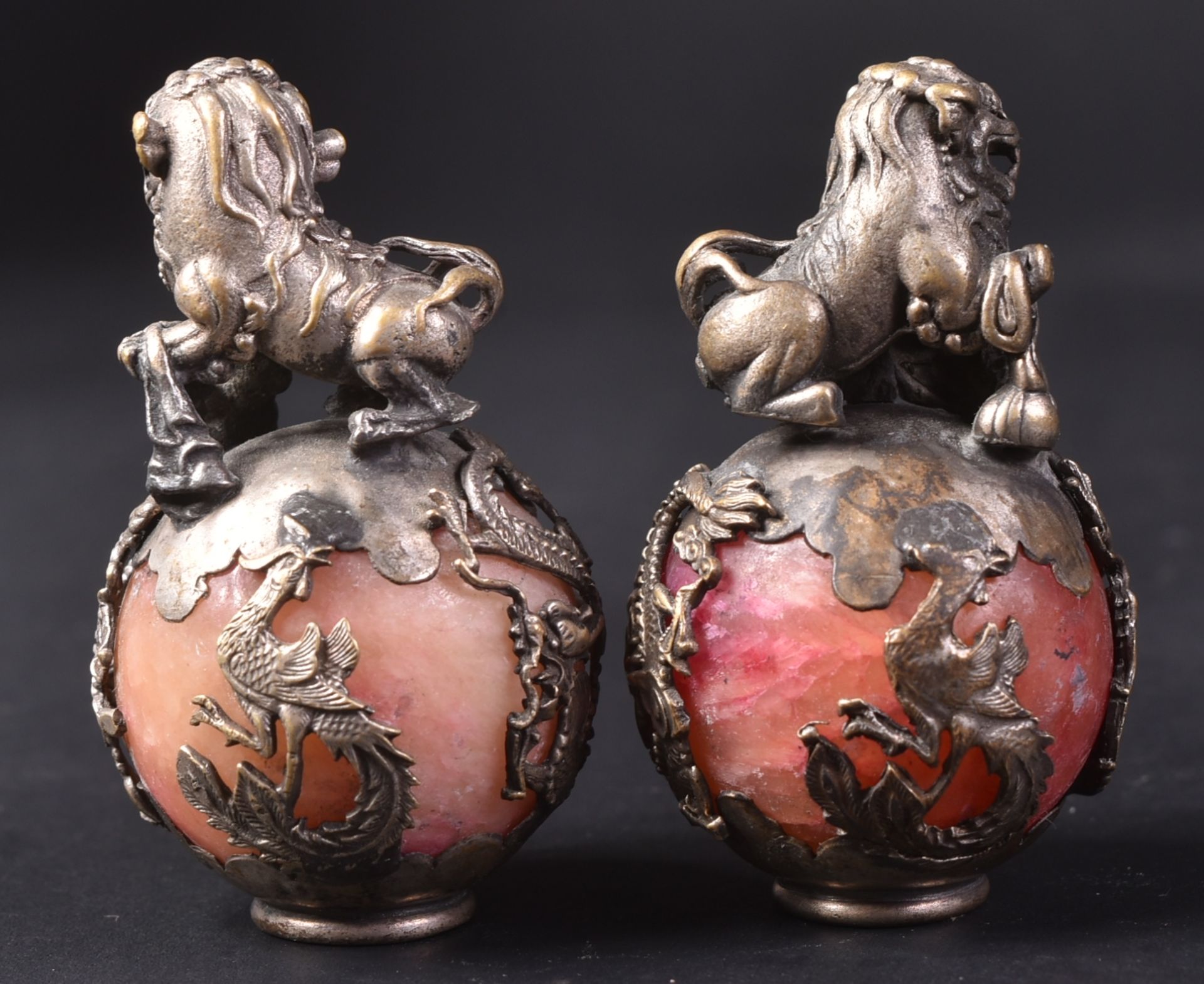 PAIR OF CHINESE WHITE METAL & MARBLE FOO DOGS - Image 3 of 7