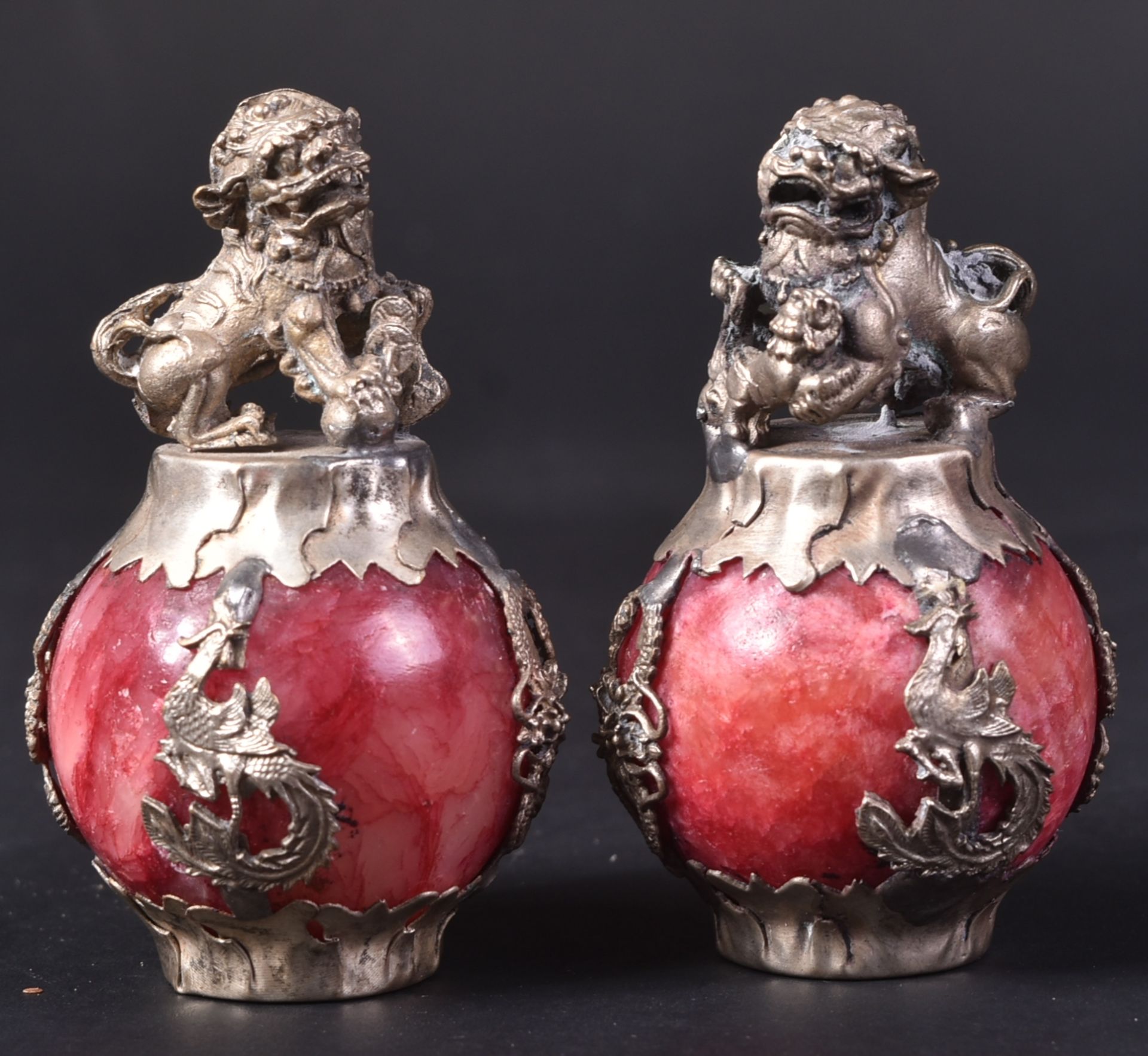 PAIR OF 20TH CENTURY CHINESE WHITE METAL & MARBLE FOO DOGS