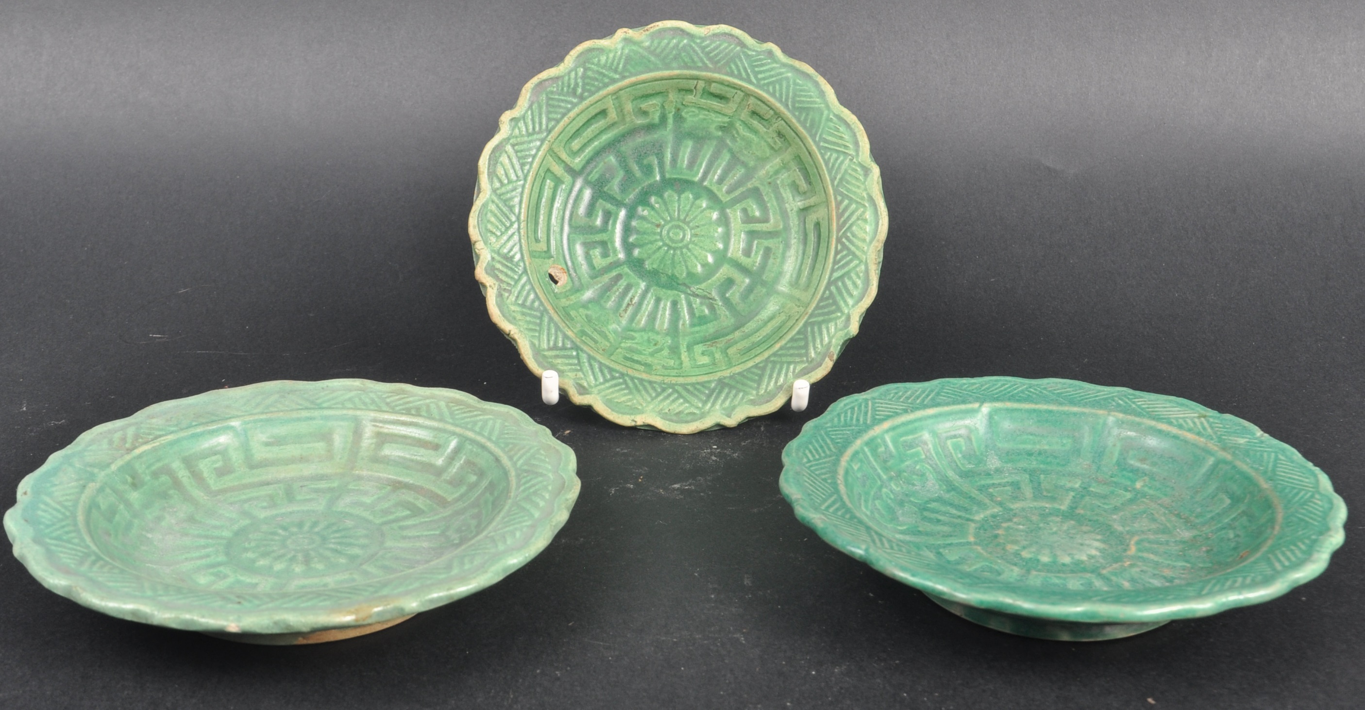 THREE 19TH CENTURY CHINESE CELADON GREEN PLATES