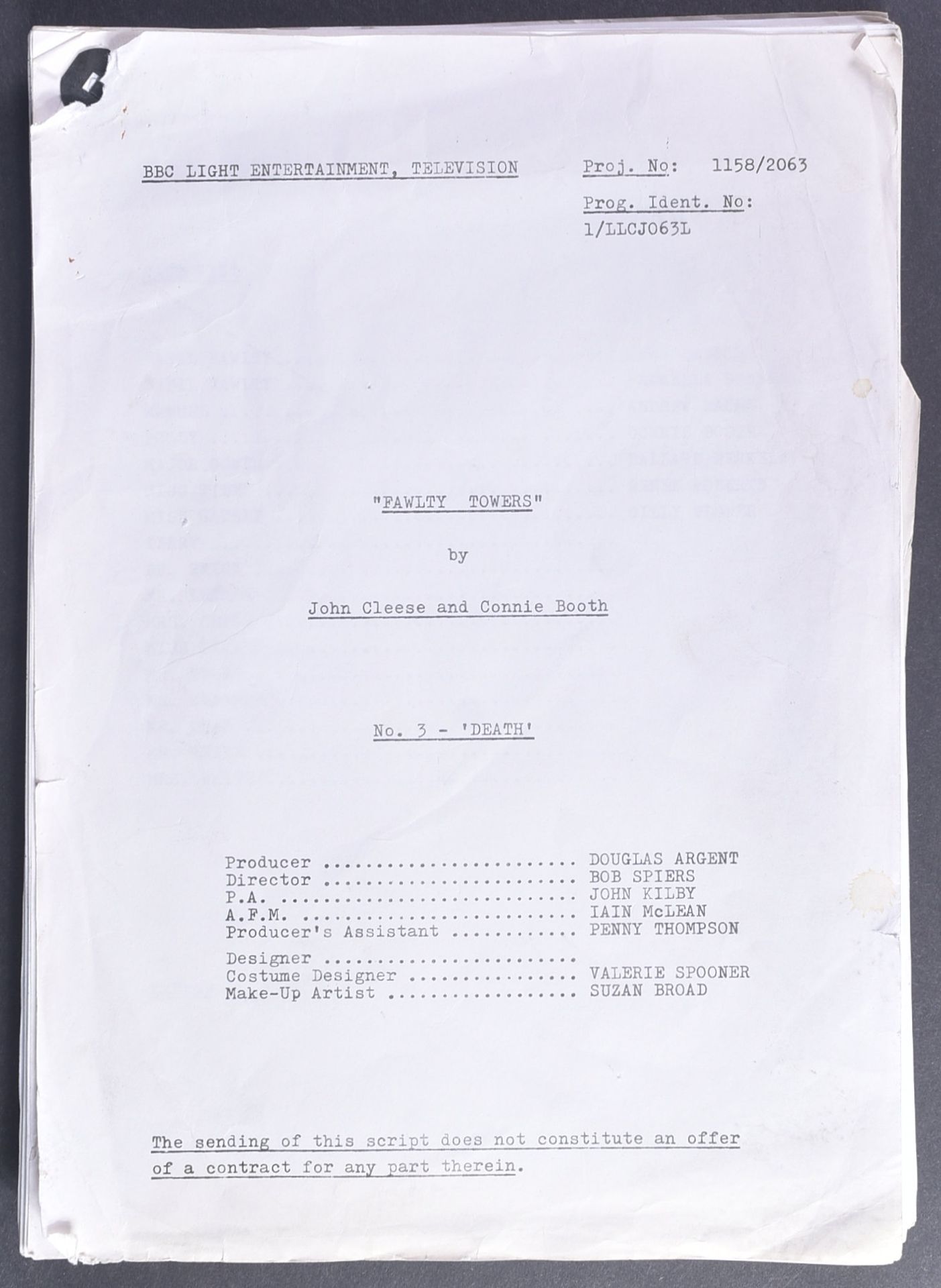 FAWLTY TOWERS - THE KIPPER & THE CORPSE - ORIGINAL BBC REHEARSAL SCRIPT