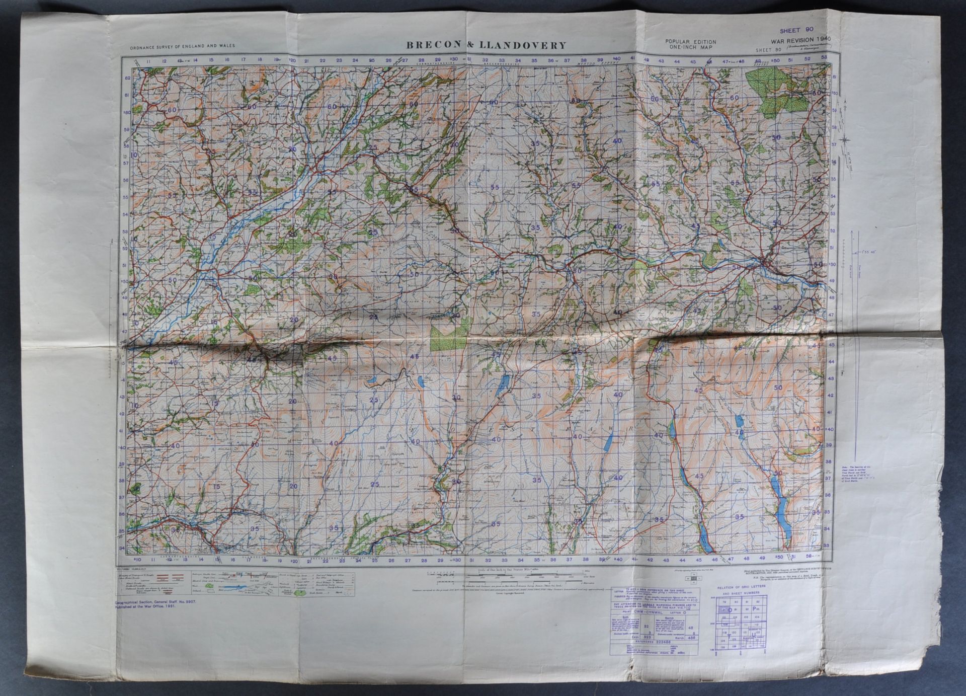 WWII SECOND WORLD WAR ORDNANCE SURVEY MAP - BRECON & LLANDOVERY - Image 2 of 12