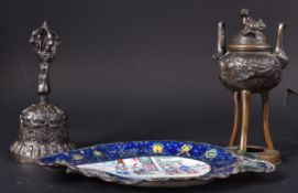 CHINESE CENSER, BELL AND ENAMEL DISH