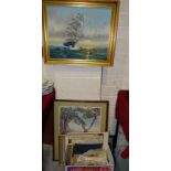 H Anderson, 'Three-masted sailing ship', signed oil painting on canvas, 38.5 x 49cm, various prints,