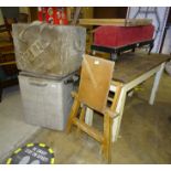 A pine table, two CO2 gas bottle containers, a stretcher, folding coffin stands and other items.