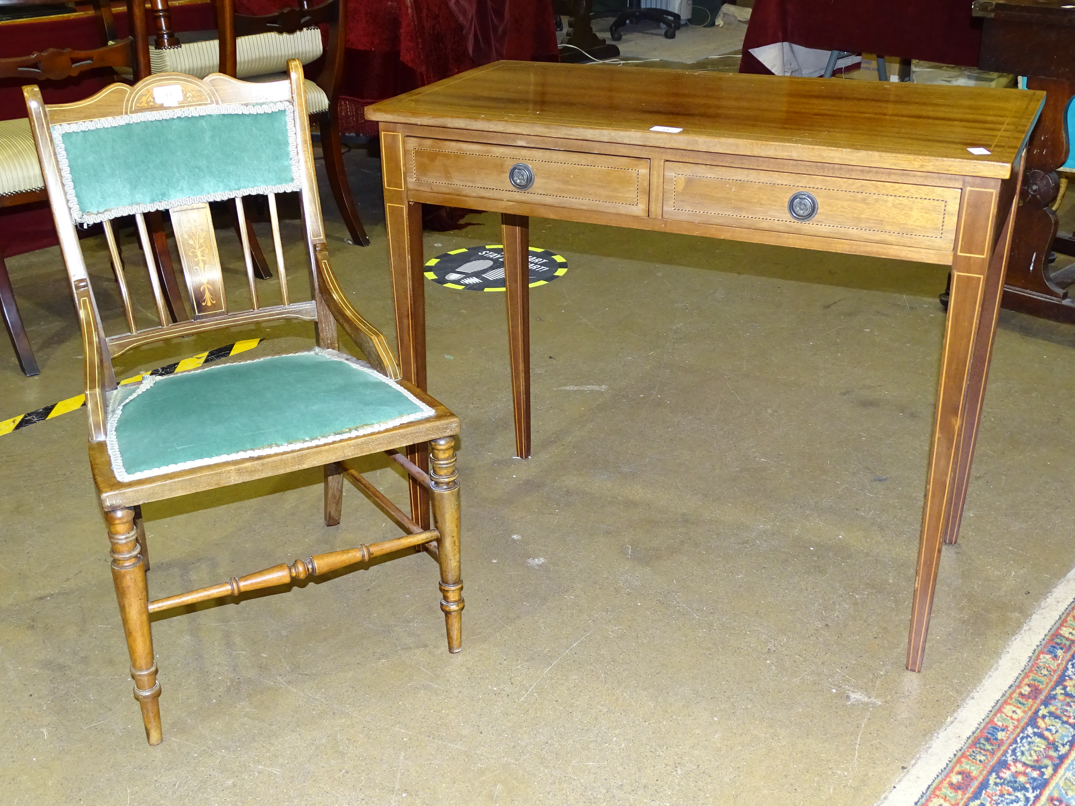 An Edwardian inlaid mahogany bedroom chair and a modern inlaid mahogany side table, 86cm, (2).