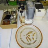 Four Dartington crystal glass sweetcorn dishes, (boxed), two Wedgwood glass candle holders, plated