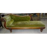 A Victorian mahogany chaise longue with carved frame and short lapette-carved feet, 210cm long.