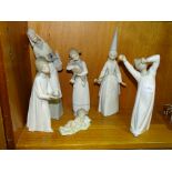 A collection of six Lladro figurines: 'Girl holding a calf', 21.5cm, 'Young woman stooping with a