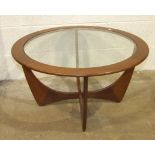 A G-Plan "Astro" teak circular coffee table with plate glass insert, 84cm diameter, 45cm high.