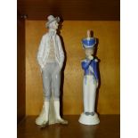 A tall Lladro figure of a gentleman with wide-brimmed hat leaning against a mooring post, 36cm