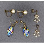 A pair of cultured pearl earrings with 9ct gold screw fittings, a pair of 9ct gold and cultured