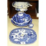 A 19th century willow pattern ceramic oval gravy strainer, 26.5 x 19.5cm, two Spode 'Italian'