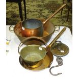 A Salters spring balance, 56lbs and various copper and brass pans.