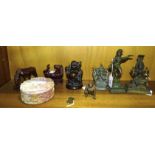 Four metal Asian figures of deities and other items.