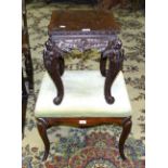 A 19th century rosewood-framed stool with drop-in upholstered seat, on shaped legs, 46 x 55cm,