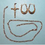 A 9ct gold neck chain, (a/f), 3.2g, a 9ct gold crucifix, 1.3g and a pair of gold-plated silver